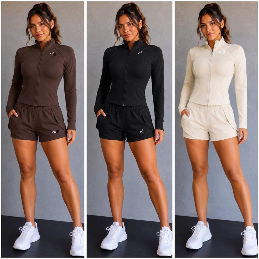Conjunto Fitness Feminino Poliamida Jaqueta Com Zíper E Short Com Bolso Academia Corrida Treino KW902#