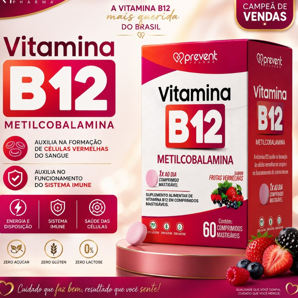 B12 Metilcobalamina | 60 Cp Mastigáveis - Frutas Vermelhas
