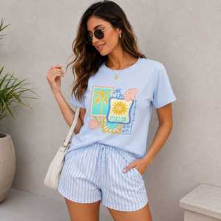 Camiseta Feminina Vibes Tropical Blusa Estampada Verão Tshirt Praia Camisa Coqueiro 100% Algodão
