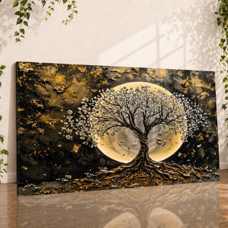 Quadro Decorativo 110X70 Full HD Lua Dourada Árvore Branca Paisagem Luxo Sala Quarto