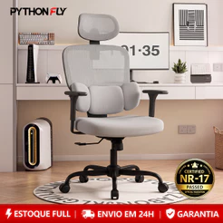 Cadeira de Escritório Ergonômica Gamer Mesh NR-17 Apoio Lombar 3D Reclinável Confortável Cinza