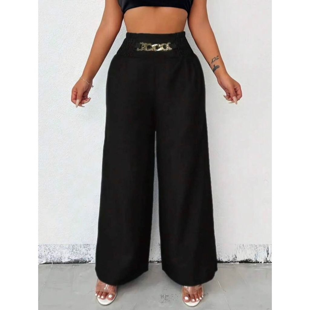 Calça Pantalona  PLUS SIZE Social Feminino De Linho Com Cinto Fake e Cintura Alta e Bolsos G1-G2-G3