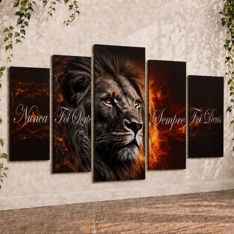 Kit Quadros Decorativos Leão Fogo Nunca Foi Sorte Frases Animais Quarto Sala 5 Pçs