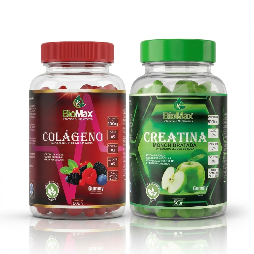 Combo Gummy Premium BioMax: Colágeno Tipo 2 (60 un) + Creatina Monohidratada (60 un)