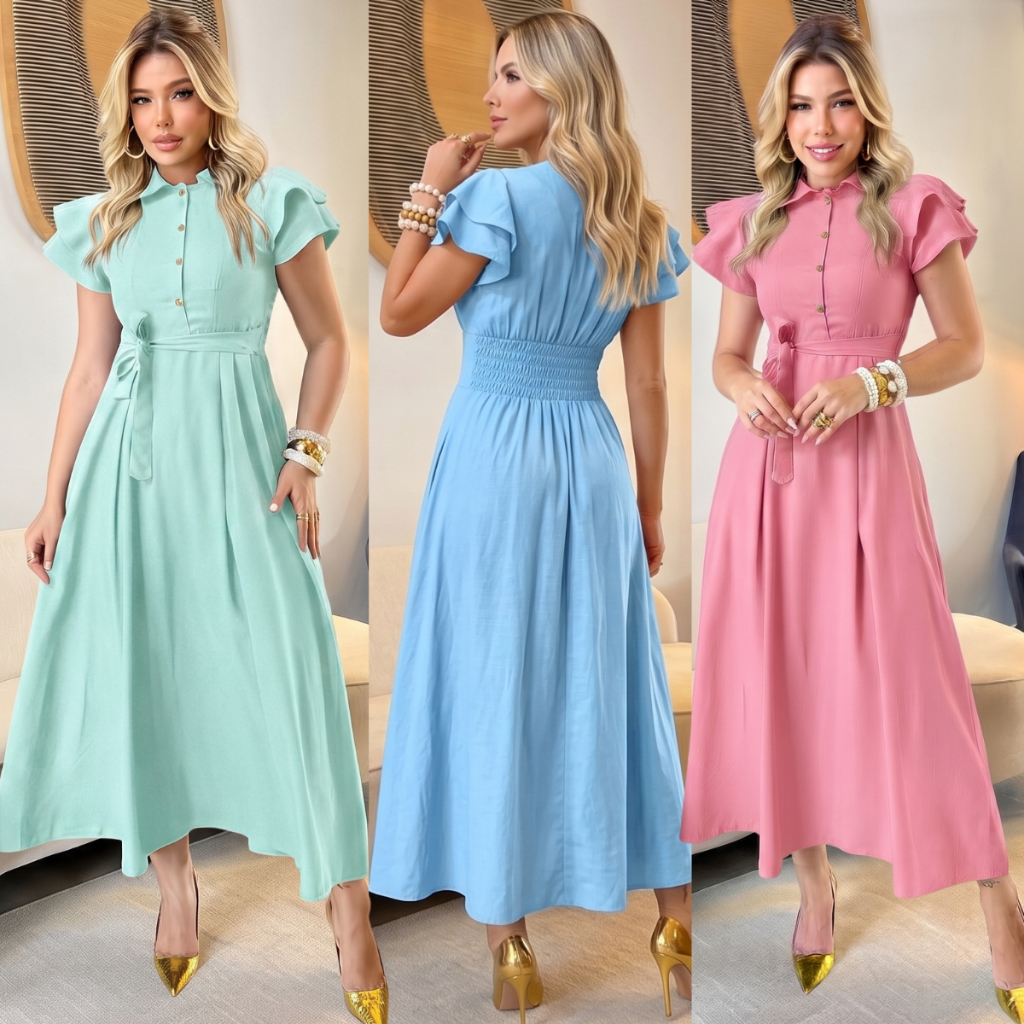 Vestido Feminino Elegante Midi Gola Camisa Manga Curta Babado Botões Frontais Faixa Ajustável Lastex na Cintura Soltinho