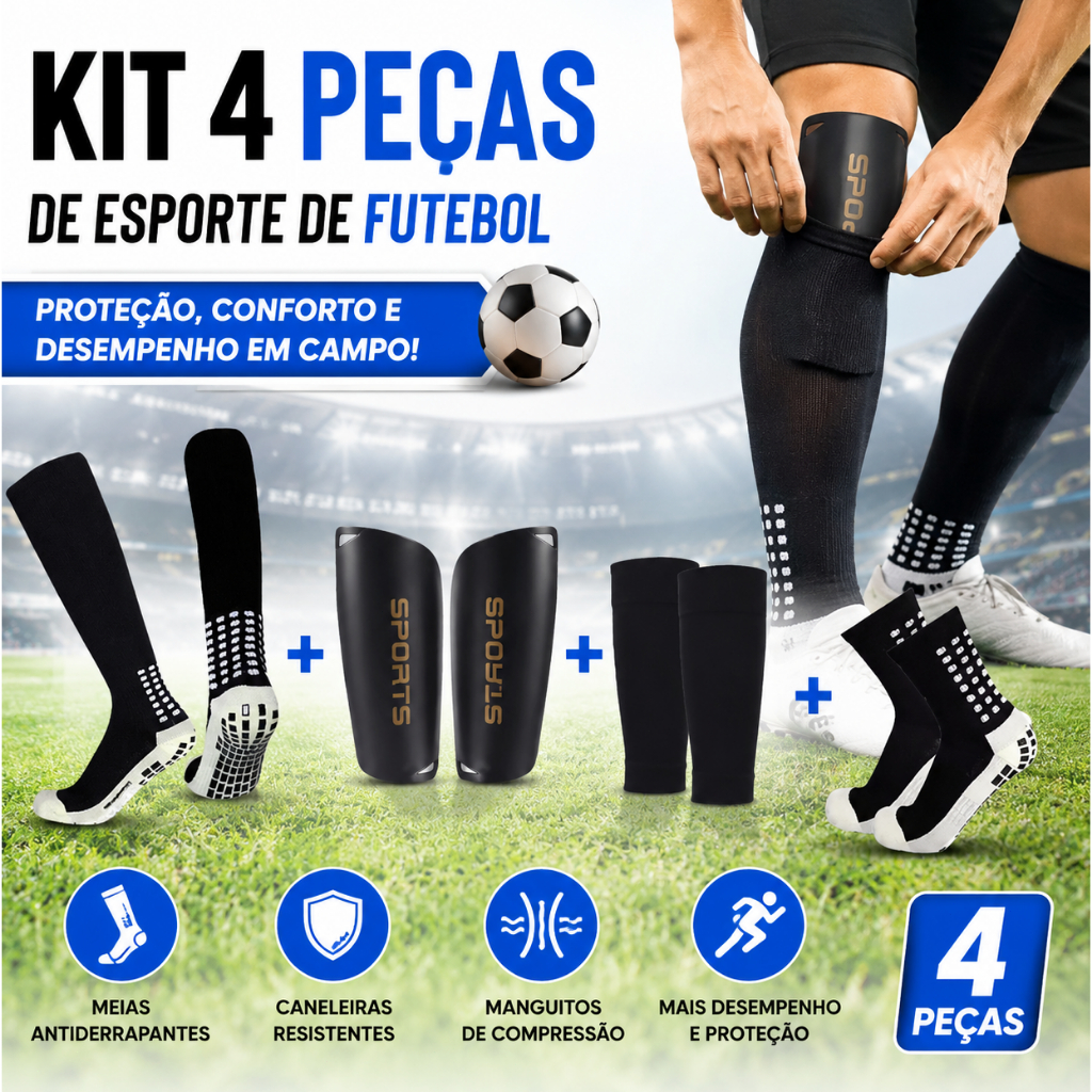 KIT 3/4 Meias elásticas de futebol para adultos + caneleiras com suporte para pernas e proteção esportiva