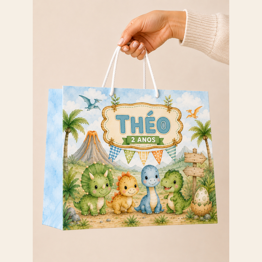 Sacola Personalizada Dinossauro Baby com Nome e Idade – Lembrancinha Aniversário Infantil