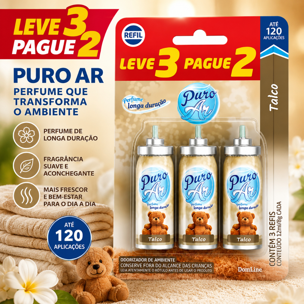Kit 3 Refil Aromatizador Talco Dom Line Puro Ar 12ml Leve 3 Pague 2 Casa Banheiro