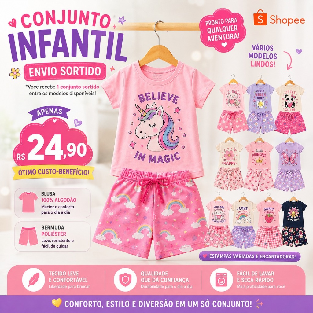 Conjunto Infantil Menina Camiseta + Bermuda de Moletinho | Roupa Confortável Crianças Estampas Fofas Garotas
