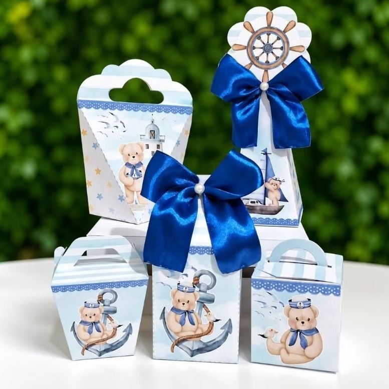 Kit Caixinhas Chá de Bebê Menino | Personalizadas l Tema Ursinho Marinheiro | Kit Festa Personalizado Menino | Montado