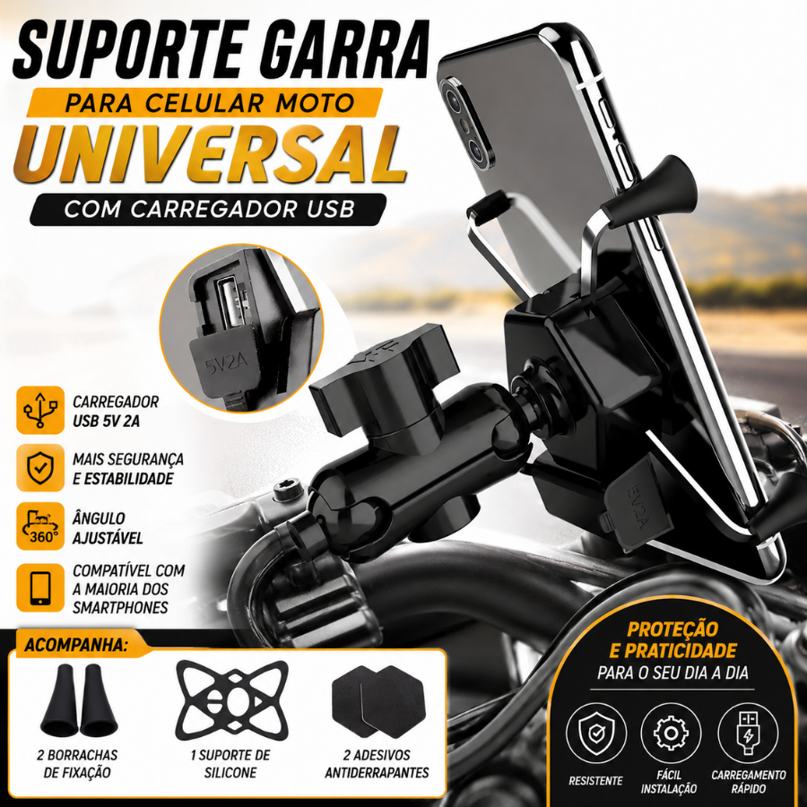 Suporte Garra Para Celular Moto Universal Com Carregador Usb