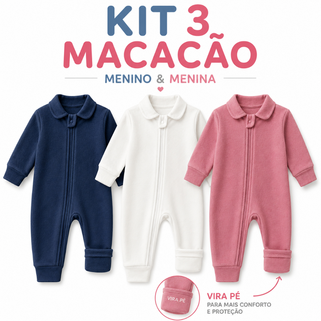 Kit 3 Macacão Manga Longa Suedine Para Bebê Com Zíper invisivel 100% Algodão Menino Menina RN P M G