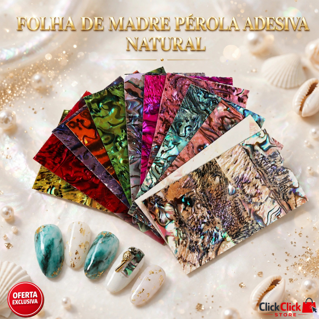 Folhas de Madrepérola Adesivas Natural para Nail Art Decoração de Unhas Efeito Iridescente Premium SQ7677