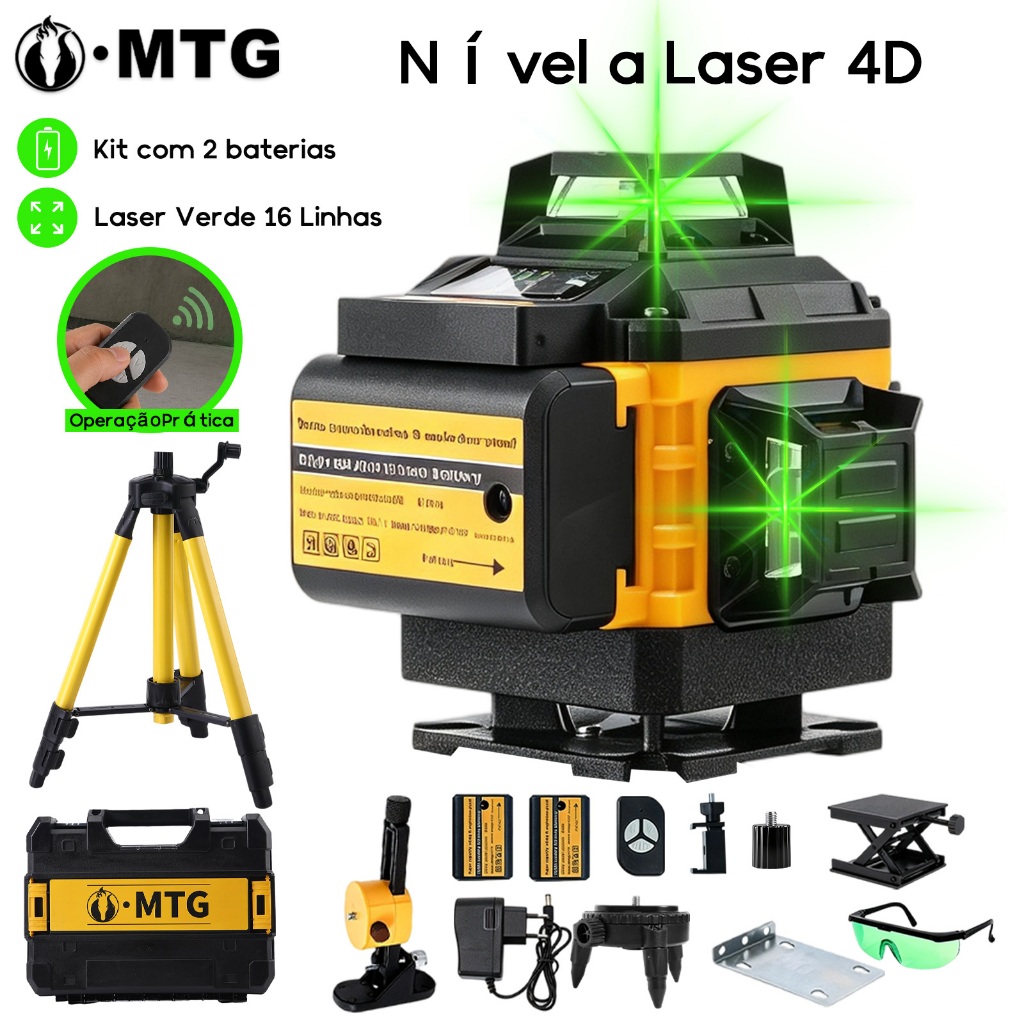 Nível Laser Profissional 16 Linhas Verde 360° 4D Autonivelante 3D para Construçã