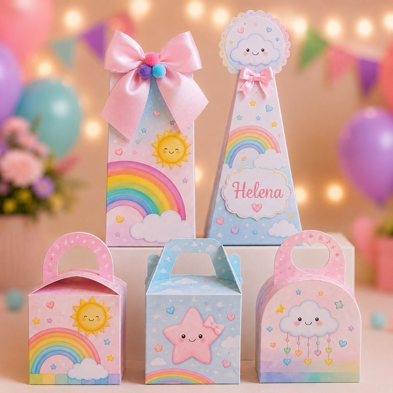 Caixinhas Personalizadas Arco Íris para lembrancinha de festa, aniversário, mesversario.
