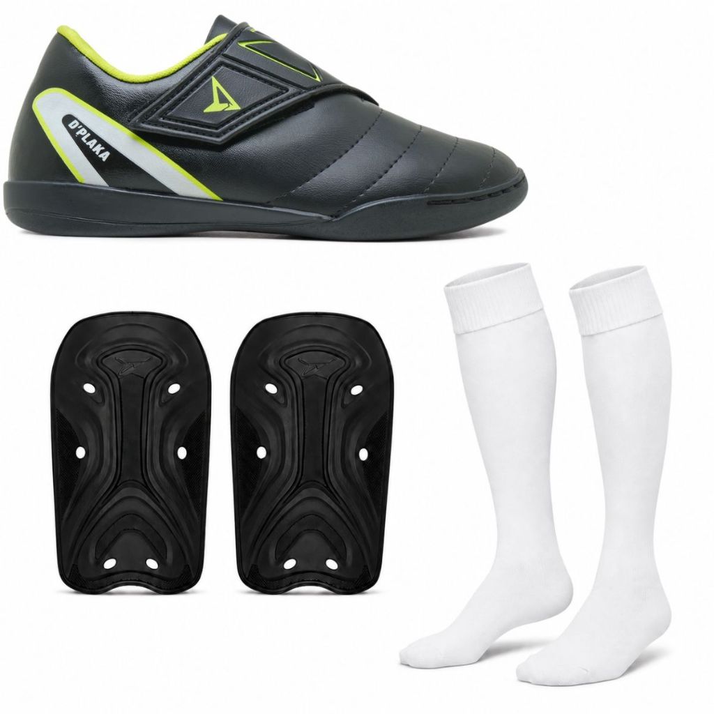 Chuteira Infantil de Futsal com Fechamento em Velcro + Meião + Caneleira de Futebol Juvenil - Ref F100-10S  + M