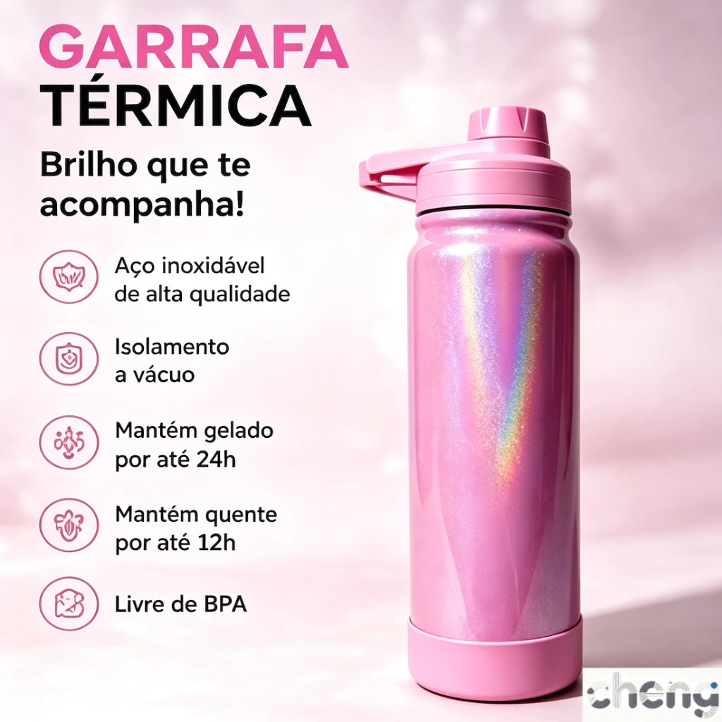 Garrafa Térmica Holográfico Efeito Arco-íris Inox Brilhante com Base de Silicone - Ideal para Academia, Escola e Diaria — imagem 1