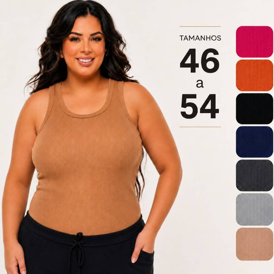 Regata Feminina Blusa Plus Size Canelada Algodão Premium Elastano Americana Caimento Perfeito