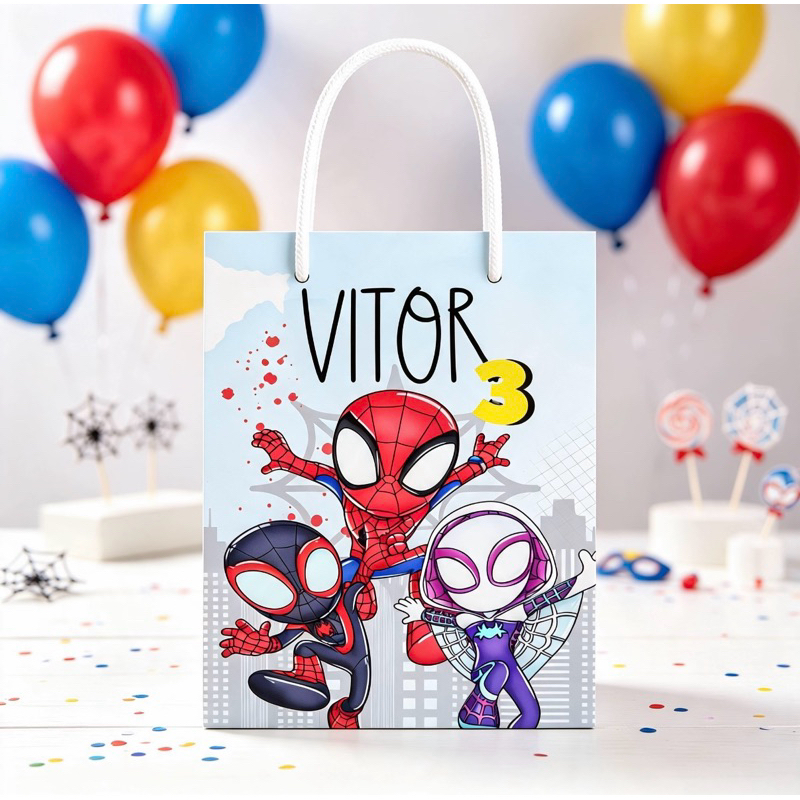 Sacolinha SPIDEY E SEUS AMIGOS Personalizada / (PEGUE E MONTE) / Bolsinha Lembrancinha Aniversário