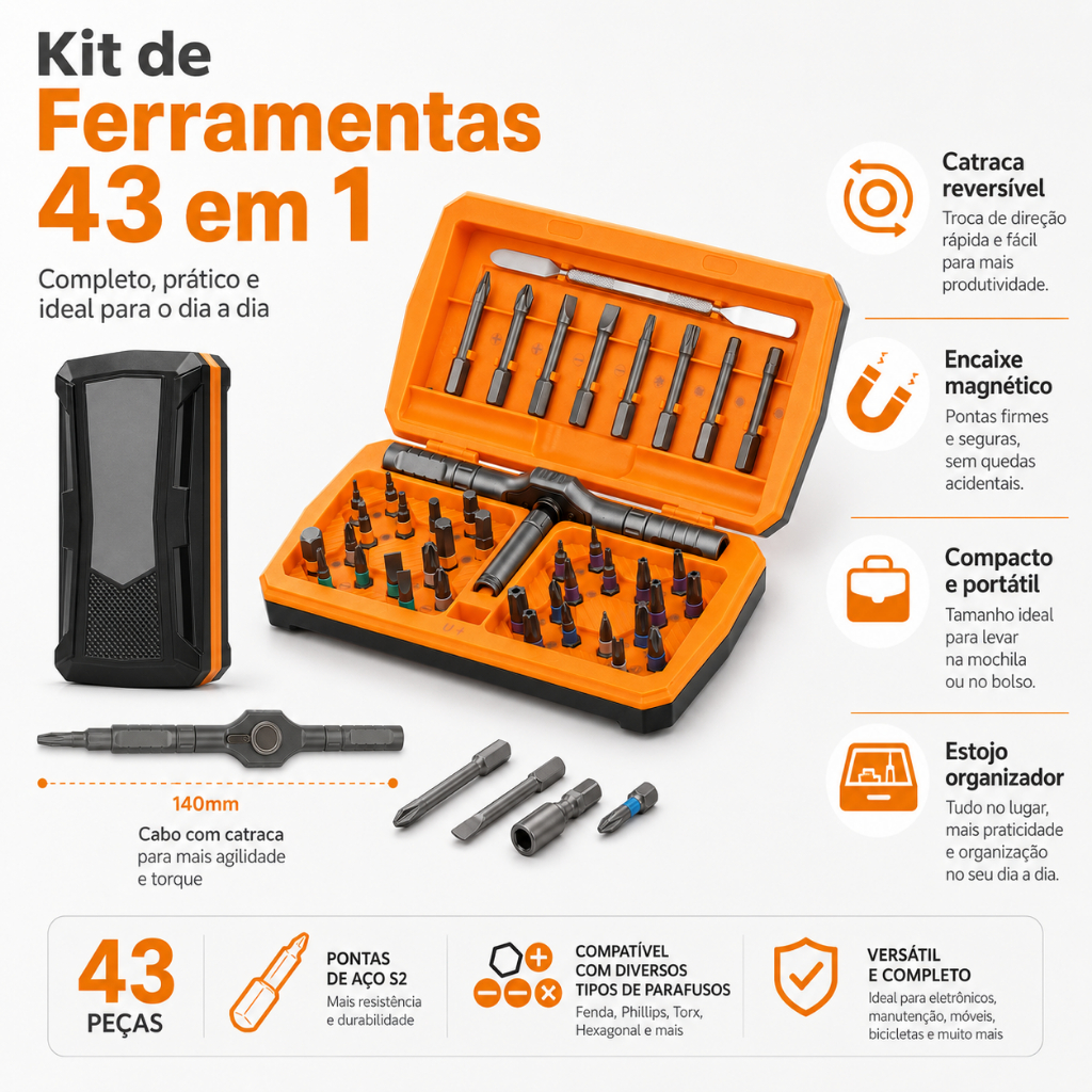 Kit Chave de Fenda Catraca 43 em 1 Magnético Aço S2 Ferramenta Multiuso Reparo Eletrônico Móveis Notebook