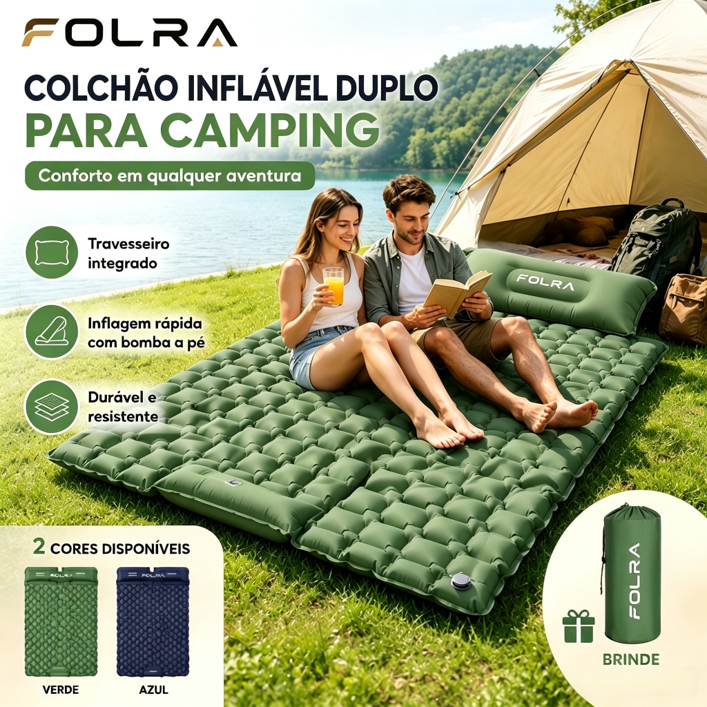 Colchonete Inflável Casal FOLRA para Camping 190x120x5cm com Bomba de Pé Integrada e Travesseiro