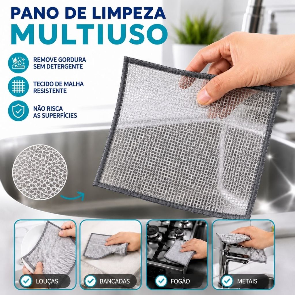 Kit 10/20/30/40/50 Panos Mágicos de Aço 20x20cm Limpeza Pesada Multiuso Lava Louças Panelas Fogão Remove Gordura Reutili