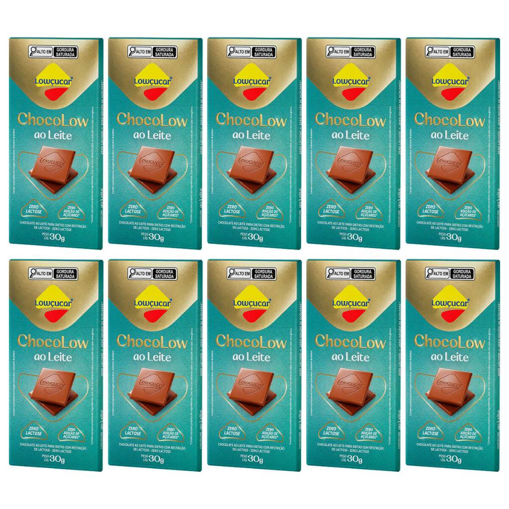 Kit com 10 Unidades de Chocolate ao Leite Chocolow Lowçucar Doce Diet Zero Açúcares Zero Lactose 30g