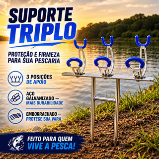 Suporte Vara Pesca Triplo 3 Varas Barranco Emborrachado Reforçado Galvanizado Pesqueiro Rio