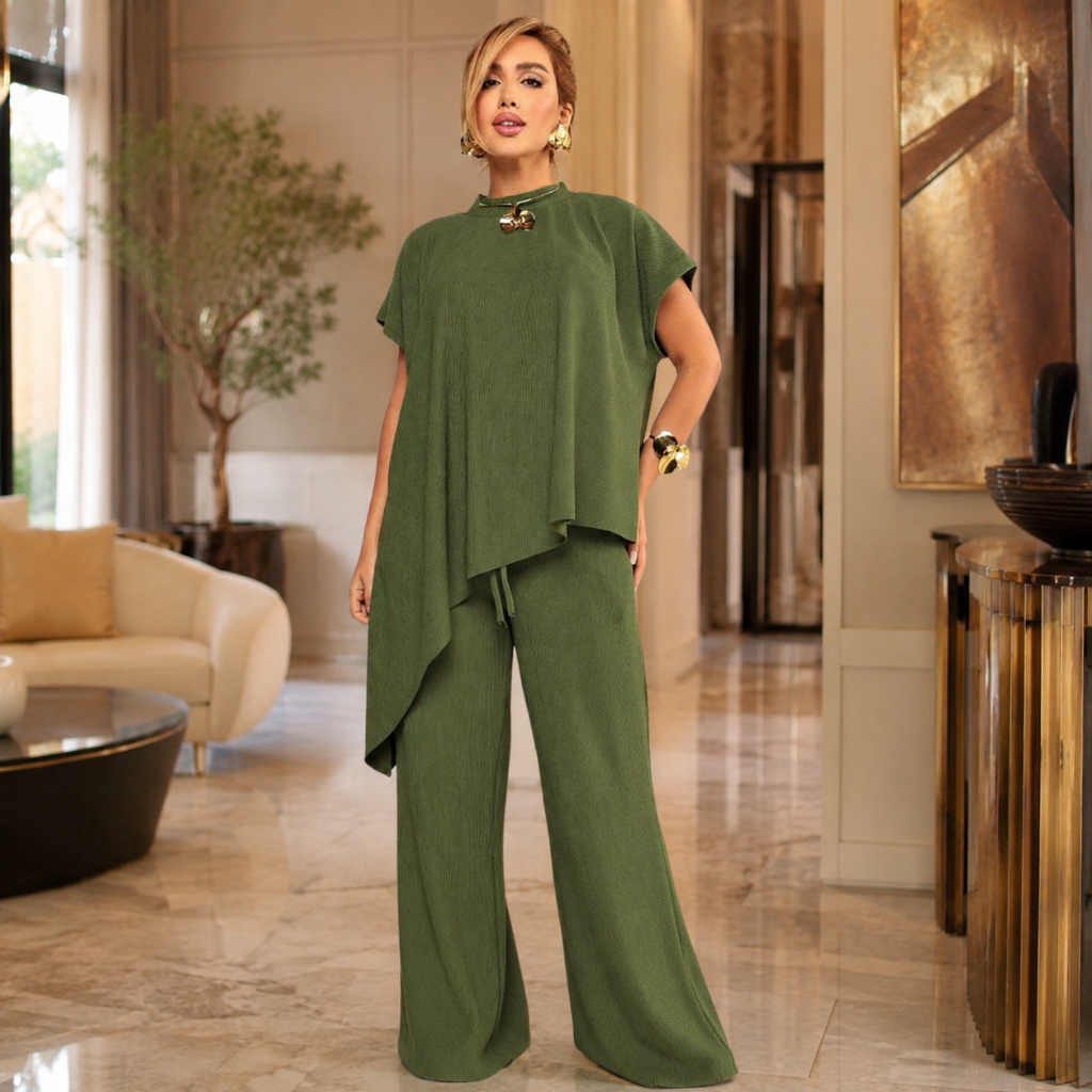 Conjunto Lana Feminino Blusa Assimétrica + Calça Pantalona Elegante Evento Festa