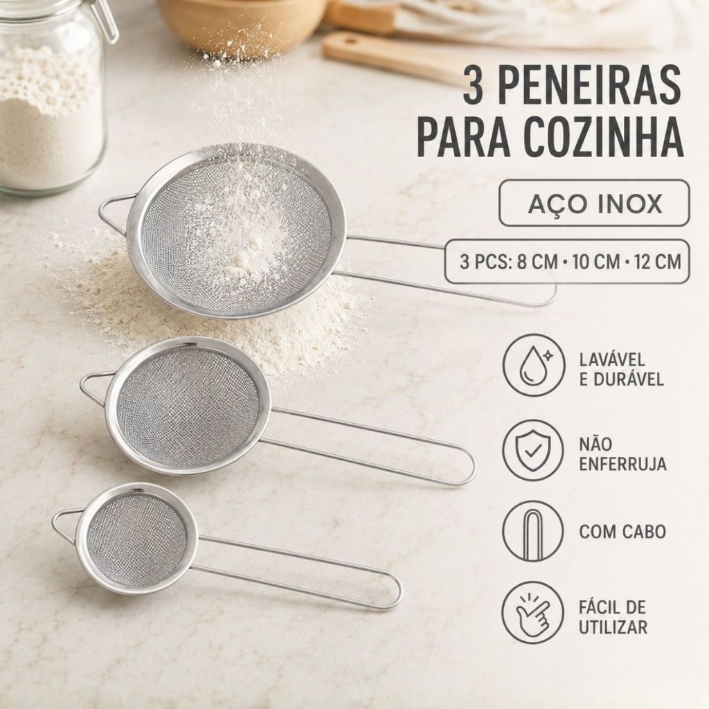 Kit 3 Peneiras Coador em Aço Inox com Cabo para Cozinha 8cm 10cm e 12cm Peneiras Metal Duhome