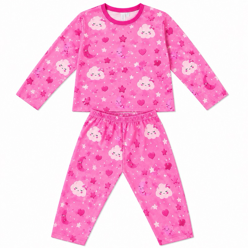 Pijama Infantil Manga Longa Menina Infantil Inverno Verão com punho em ribana estampado malha em algodao confortavel