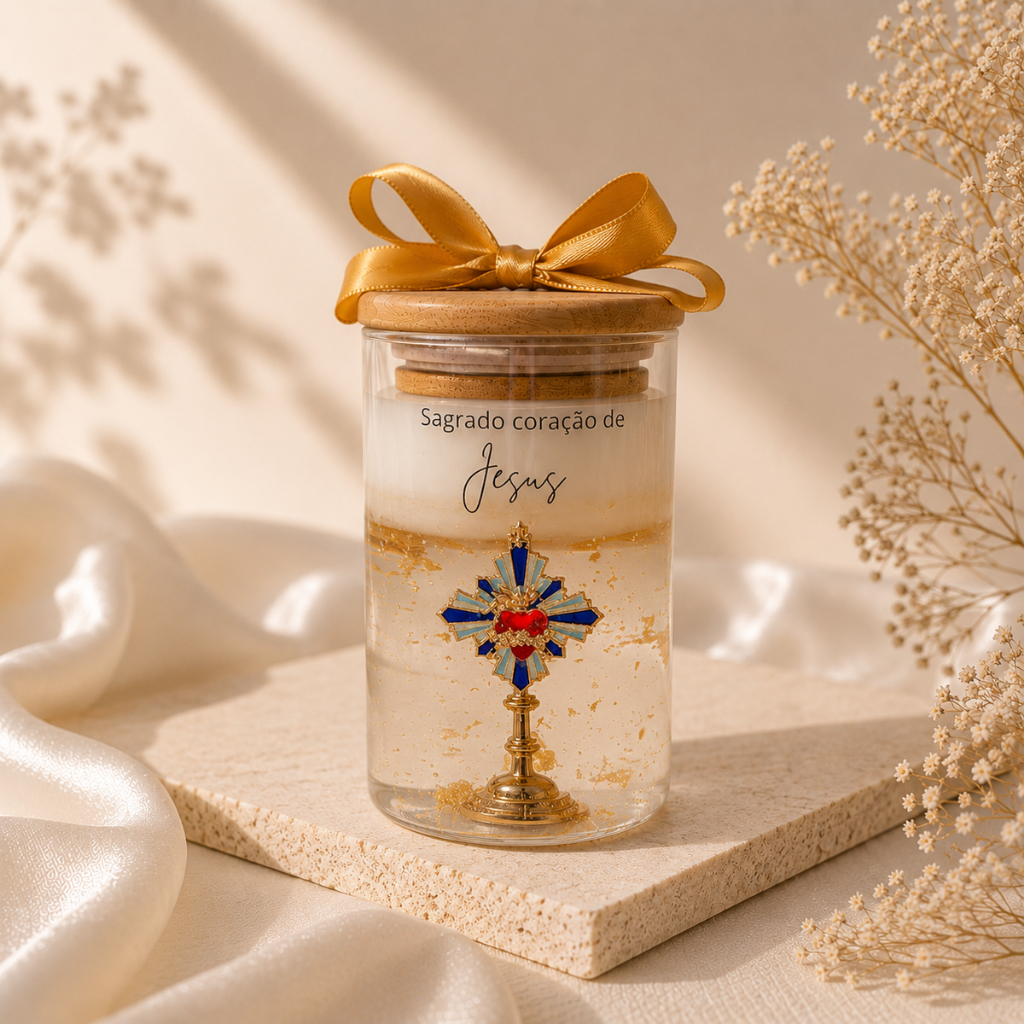 Vela em Gel Transparente Sagrado Coração de Jesus  | Vela Artesanal | Presente Religioso Católico