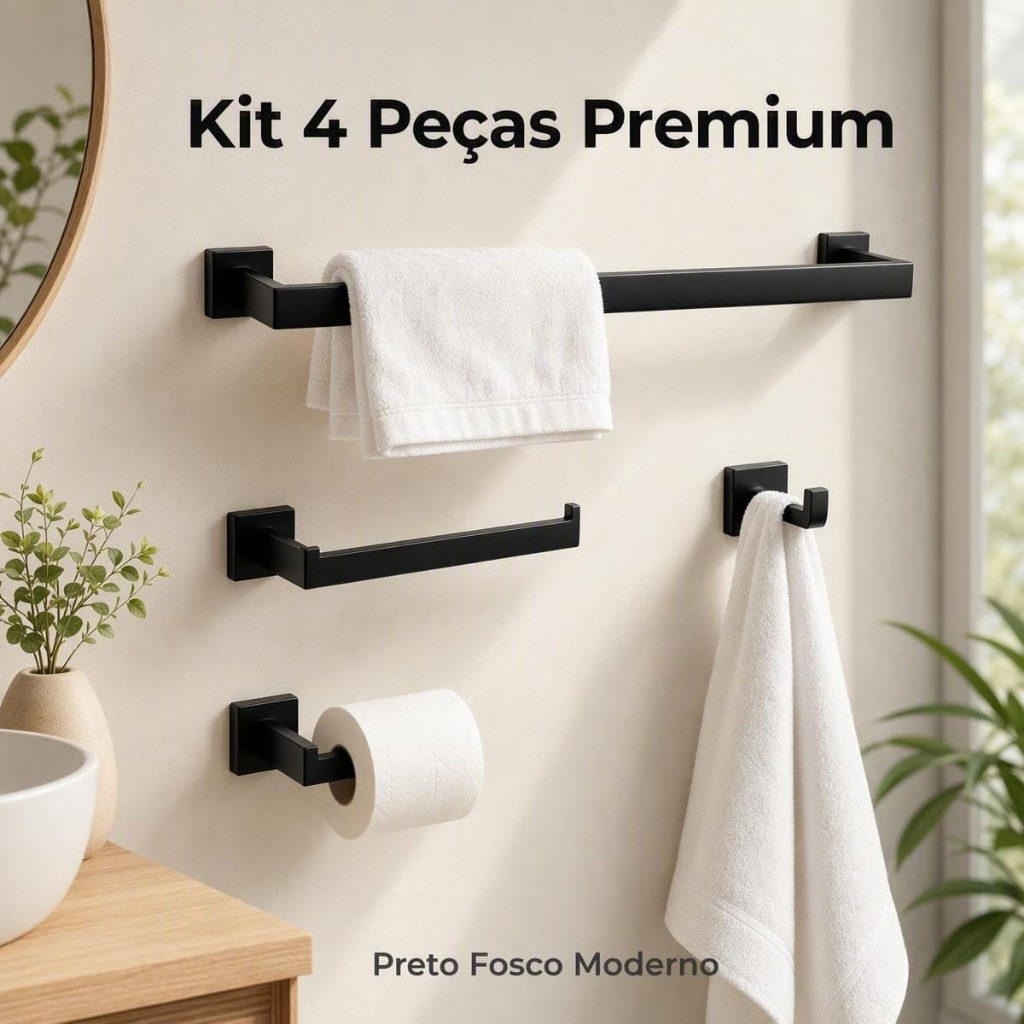 Kit 4 Banheiro Aço Inox Preto Fosco/Dourado Brilhante Toalheiro 40/60cm