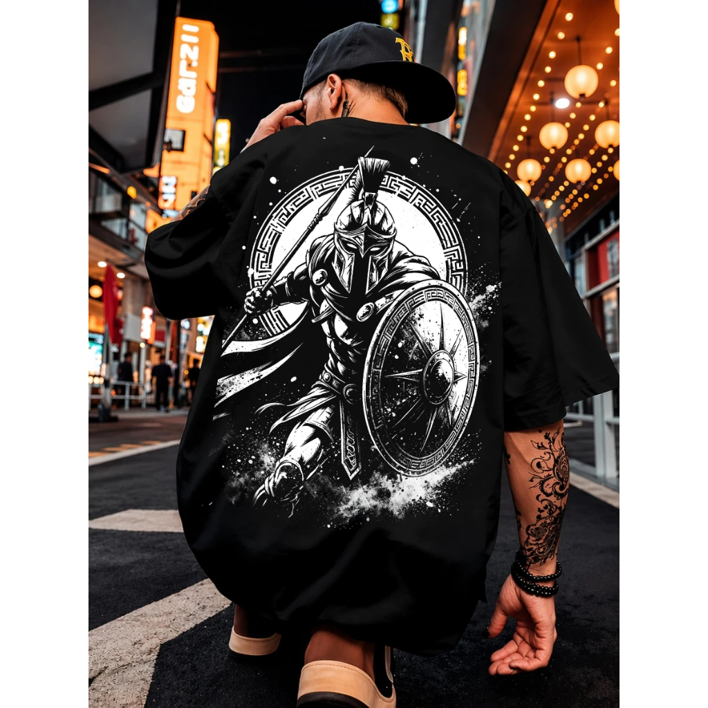 Camiseta Masculina Unissex Oversized Estampa Guerreiro Spartan 100% Algodão Camiseta Casual Streetwear Academia