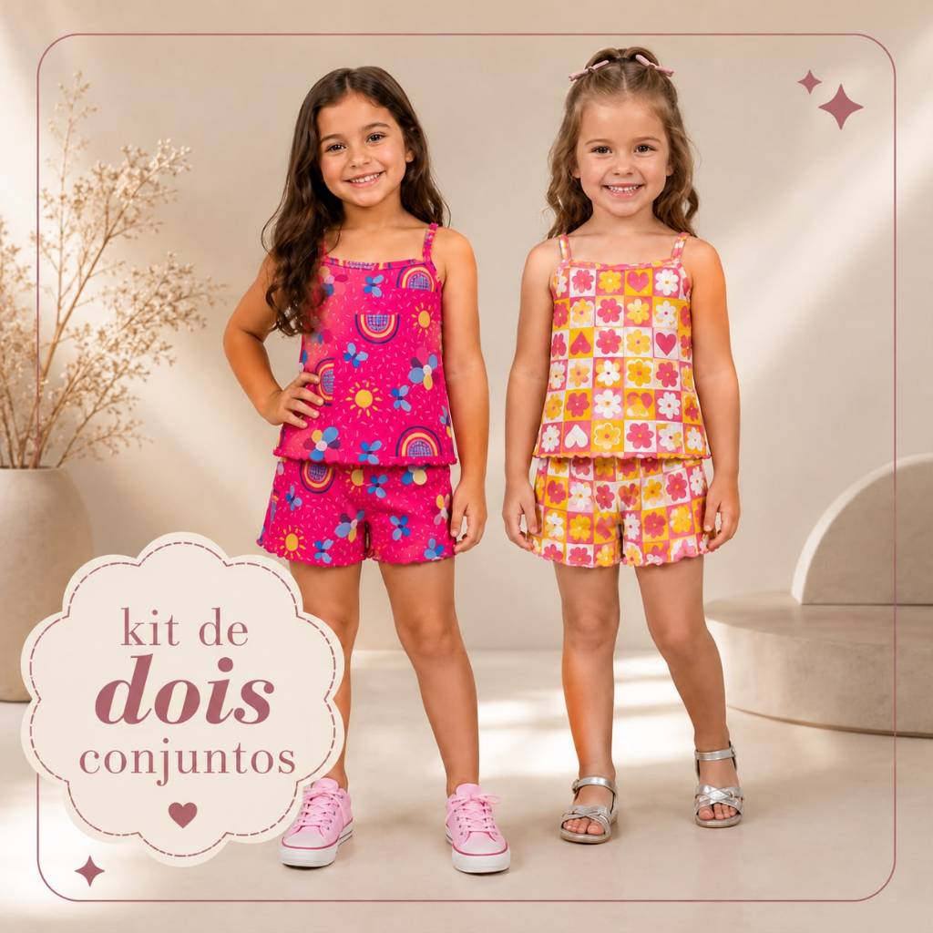 Kit Premium 4 Peças 2 Conjuntos Infantil Menina Verão Regata + Short Confortavel Estampa Sortida