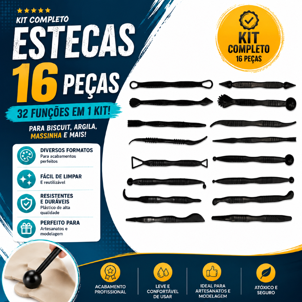Kit Estecas 16 Peças para Biscuit 32 Funções Ferramentas para Argila Massinha Artesanato