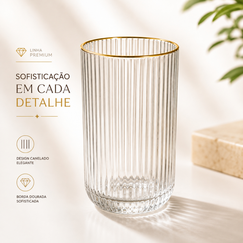 Copo de Vidro Canelado com Borda Dourada 420ml Kit 6 Copos Elegantes para Água Suco Drinks