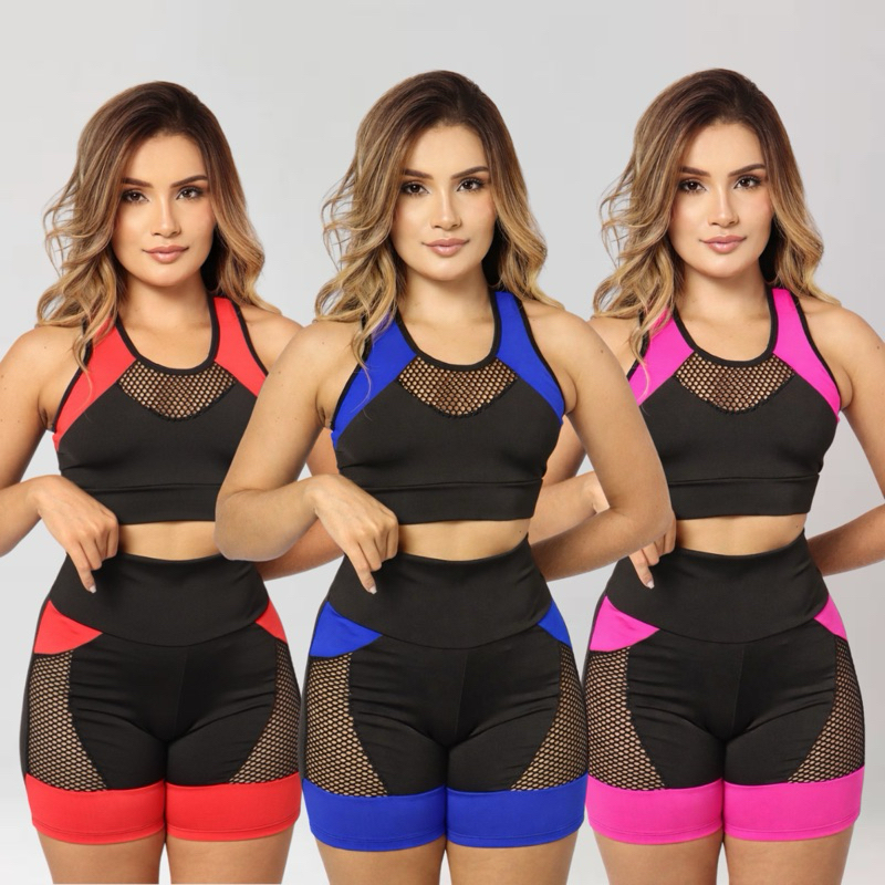 Conjunto fitness feminino top e short cintura alta moda academia suplex premium confortável modelador