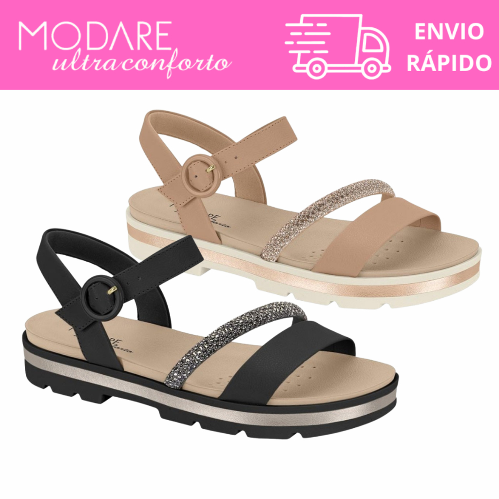 Sandália Modare Feminina Tiras Strass Ultraconforto Confortável Moderna Leve Casual Dia a Dia Original 7132.144