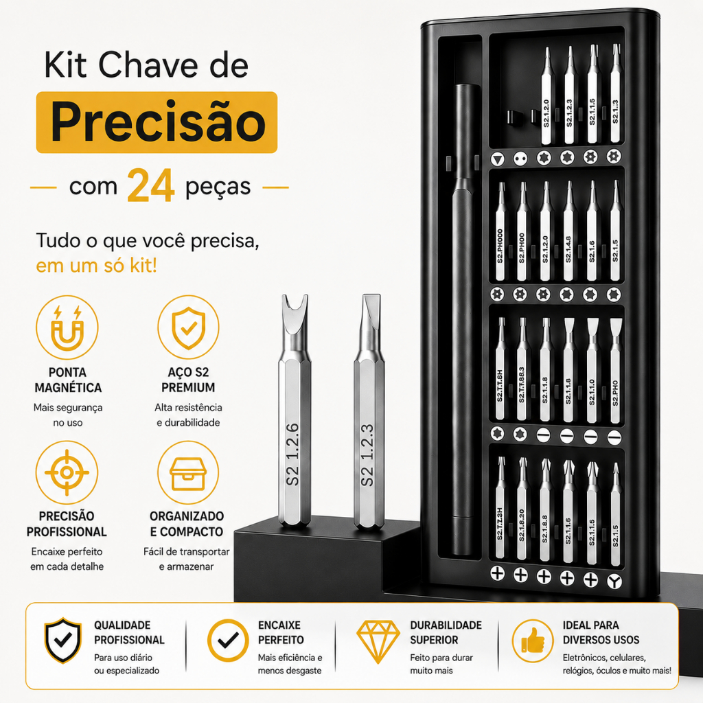 Kit Chave de Precisão 24 Peças com Ponta Magnética – Ideal para Celular, Relógio e Eletrônicos