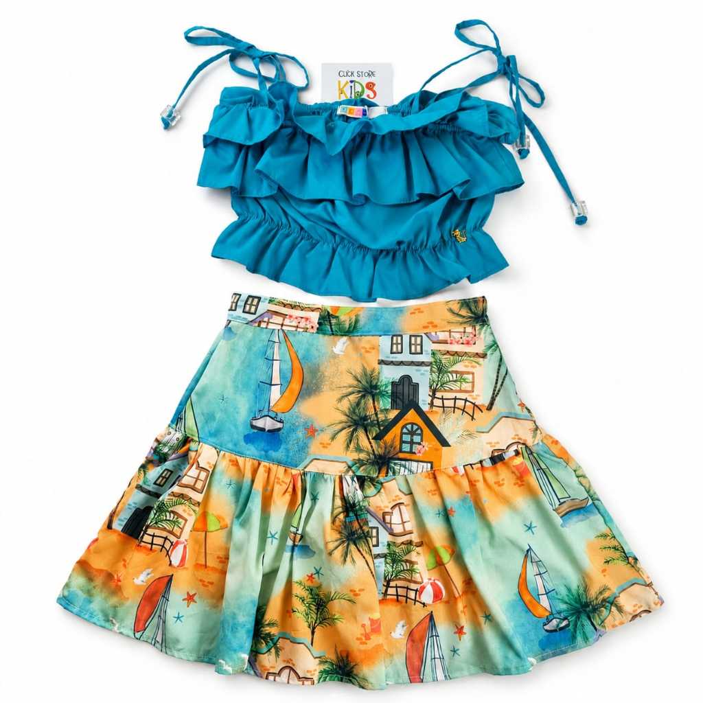 Conjunto Infantil Feminino Blusa com babado + Saia estampado Mylu - PREMIUM