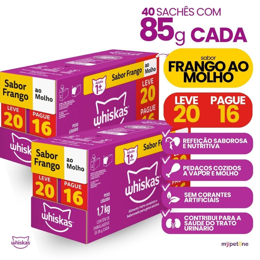 Kit 2 Caixa Ração Úmida 85 g Sachê Frango ao Molho para Gatos Adultos Whiskas - Pague 32 Leve 40
