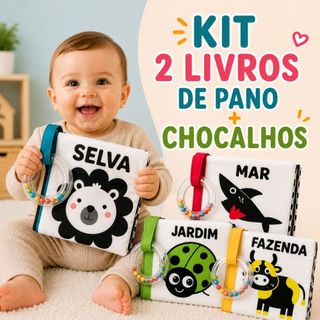 Kit 2 Livro De Pano Com Chocalho Baby Montessori Contraste Fofos Estimula Visão e Coordenação