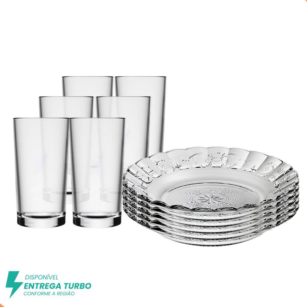 Aparelho De Jantar Em Vidro 12 Peças - 6 Pratos e 6 Copos - Mesa Posta, Almoço e Jantar