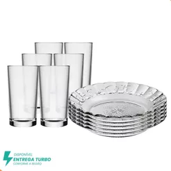 Aparelho De Jantar Em Vidro 12 Peças - 6 Pratos e 6 Copos - Mesa Posta, Almoço e Jantar