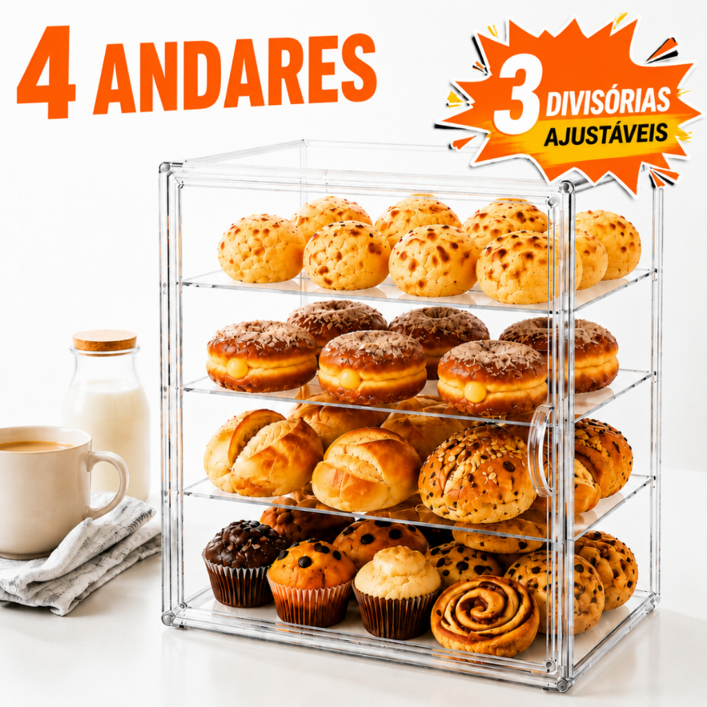 Porta Pão Acrílico Transparente com Magnética Organizador para Pães e Bolos