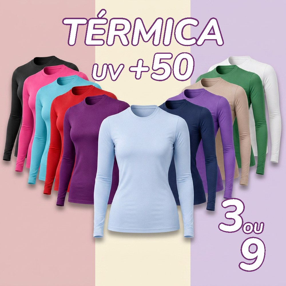 Kit 3 ou 9 Camisa Termica Proteçao UV 50+ Segunda Pele Feminina Academia Manga Longa Cores Variadas