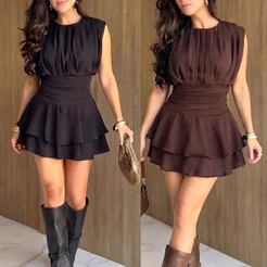 Vestido Curto Feminino Liso Com Pregas e Short Embutido Moda Feminina Elegante