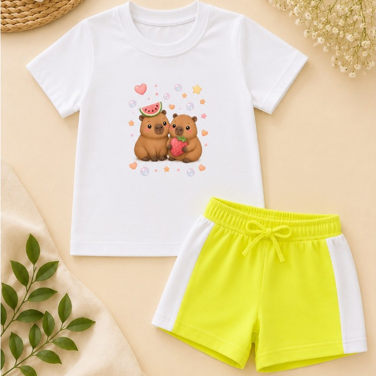 Conjunto Infantil Feminino Camiseta Short Moletinho Capivara Casual Verão Menina 2 a 14 Anos
