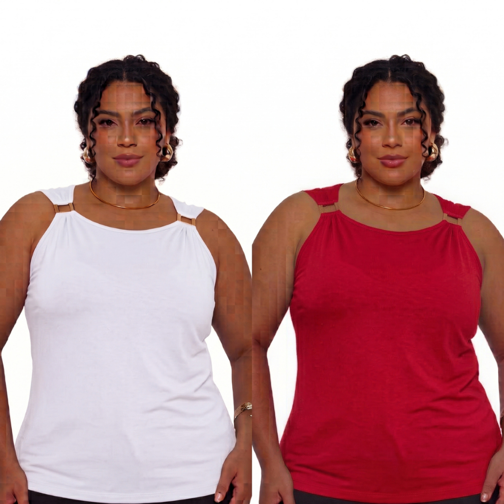 Kit 2 Blusas Femininas Plus Size Verão Regata com fivela na manga Elegante Luxo